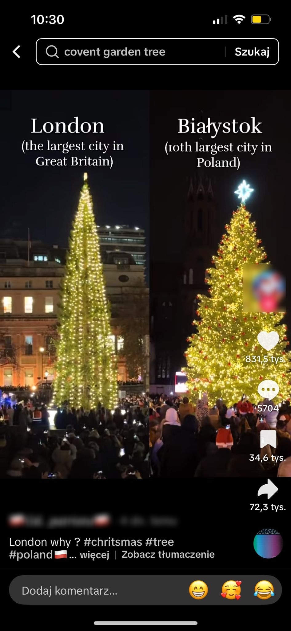 14 mln razy obejrzano na TikToku nagranie porównujące choinki z Londynu i Białegostoku 