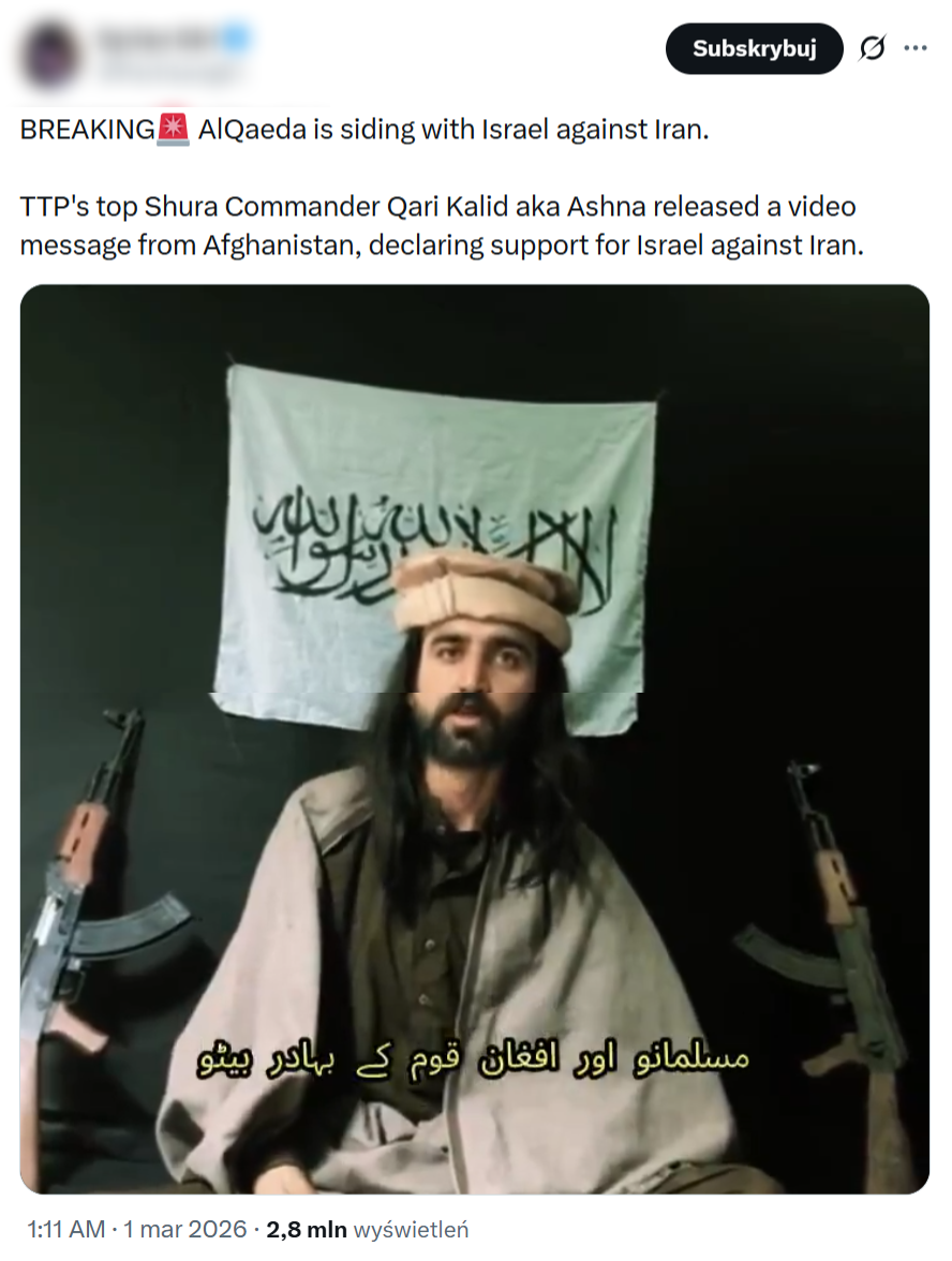 Anglojęzyczny wpis z rzekomym nagraniem Al-Kaidy ma milionowe zasięgi