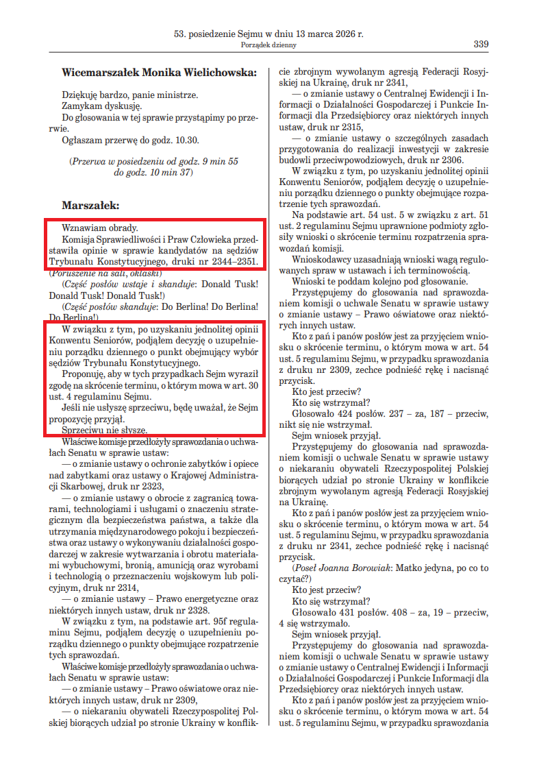 Stenogram posiedzenia Sejmu 13 marca 2026. Marszałek Włodzimierz Czarzasty zastosował procedurę, którą stosowali jego poprzednicy.