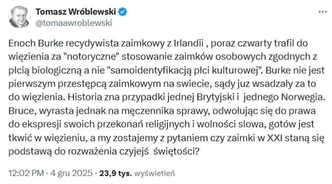 Wprowadzający w błąd post Tomasza Wróblewskiego opublikowany 4 grudnia 2025 roku w serwisie X