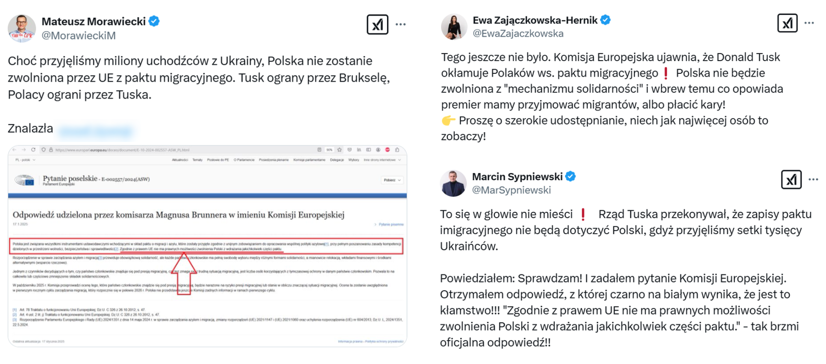 Wpisy polityków z fałszywym przekazem na temat odpowiedzi KE ws. paktu migracyjnego