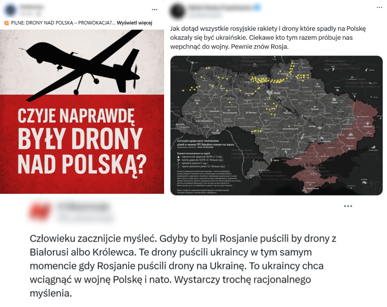 Przykłady dezinformujących postów o tym, że drony, które naruszyły polską przestrzeń były ukraińskie