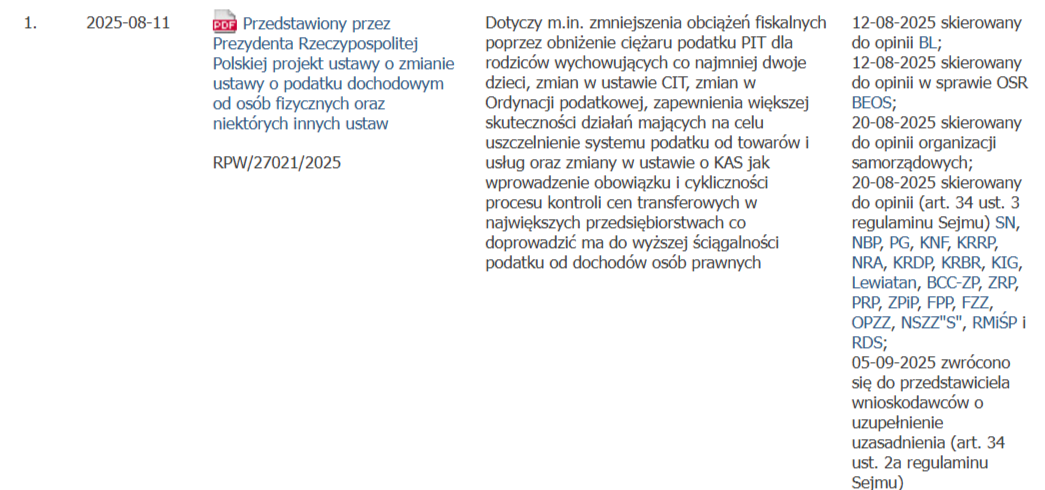 Informacje o projekcie ustawy na stronie Sejmu