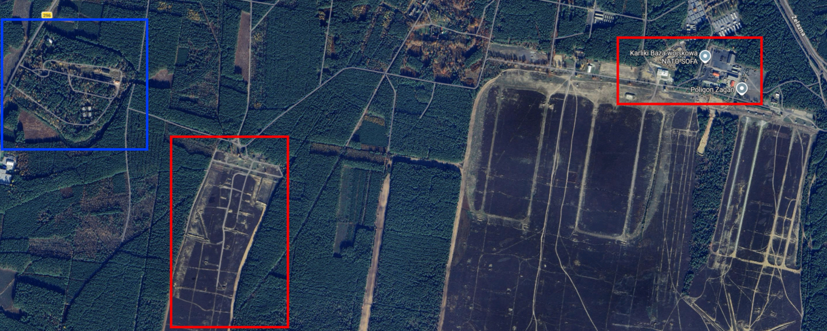 Była baza paliw PERN (na niebiesko) oraz sąsiedztwo obiektów wojskowych (na czerwono) 