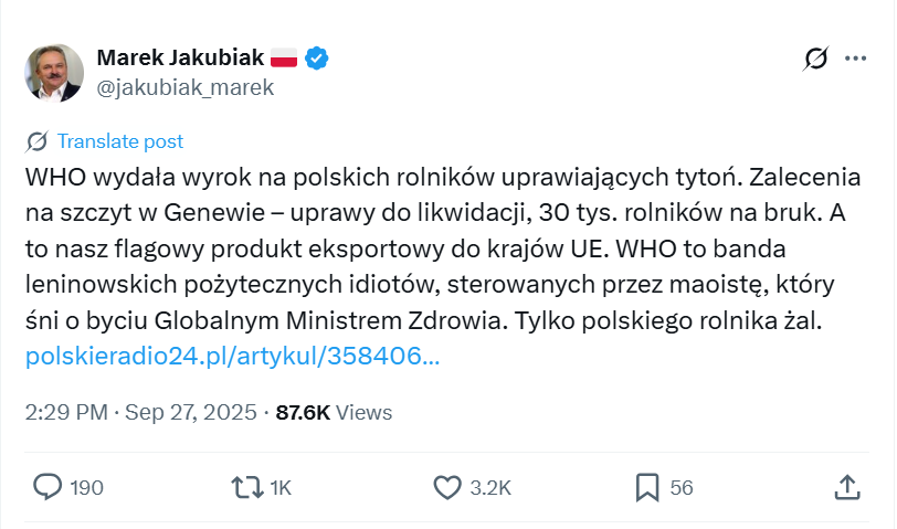 Marek Jakubiak o rzekomym "wyroku" WHO na rolników, którzy uprawiają tytoń