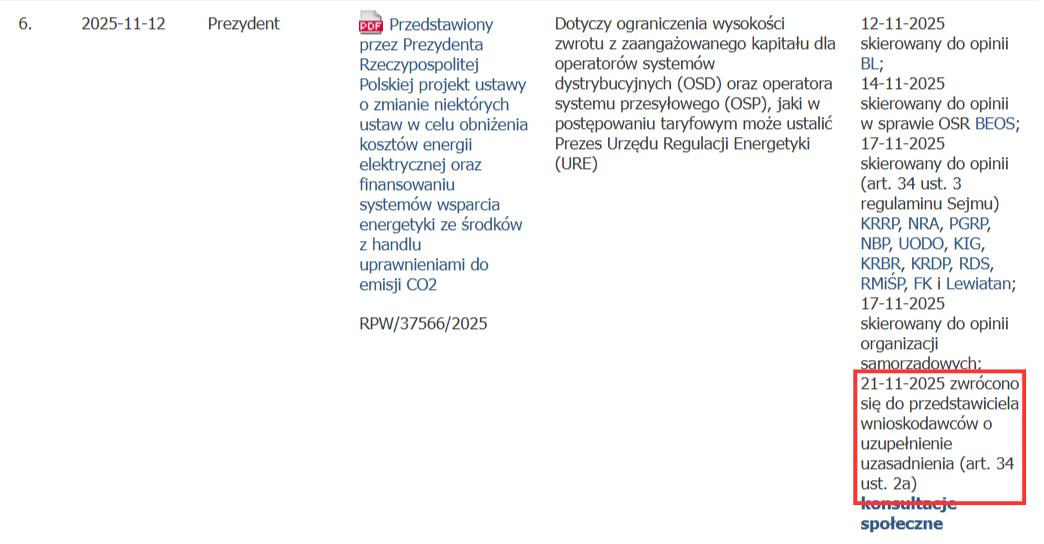 Informacja o zwróceniu projektu do wnioskodawców ze wskazaniem powodu