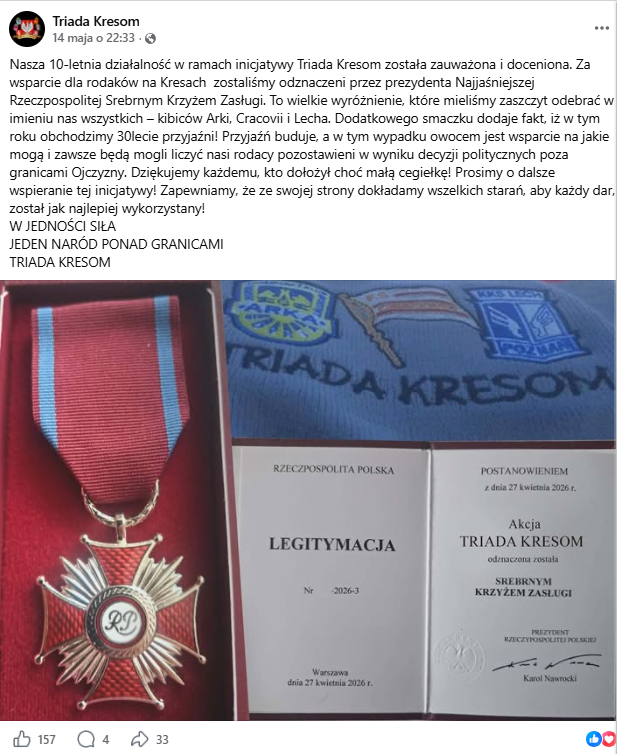 Na profilu Triada Kresom pojawiła się informacja o nagrodzeniu akcji przez prezydenta