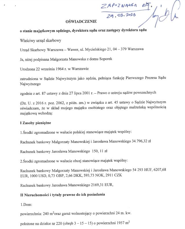 Fragment oświadczenia majątkowego Małgorzaty Manowskiej 