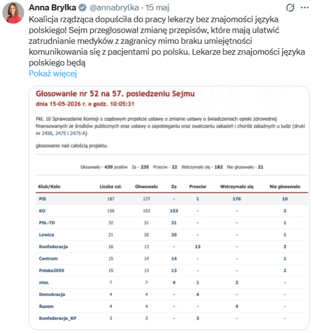 Wpis europosłanki Konfederacji o "dopuszczeniu do pracy lekarzy bez znajomości języka polskiego" wprowadza w błąd