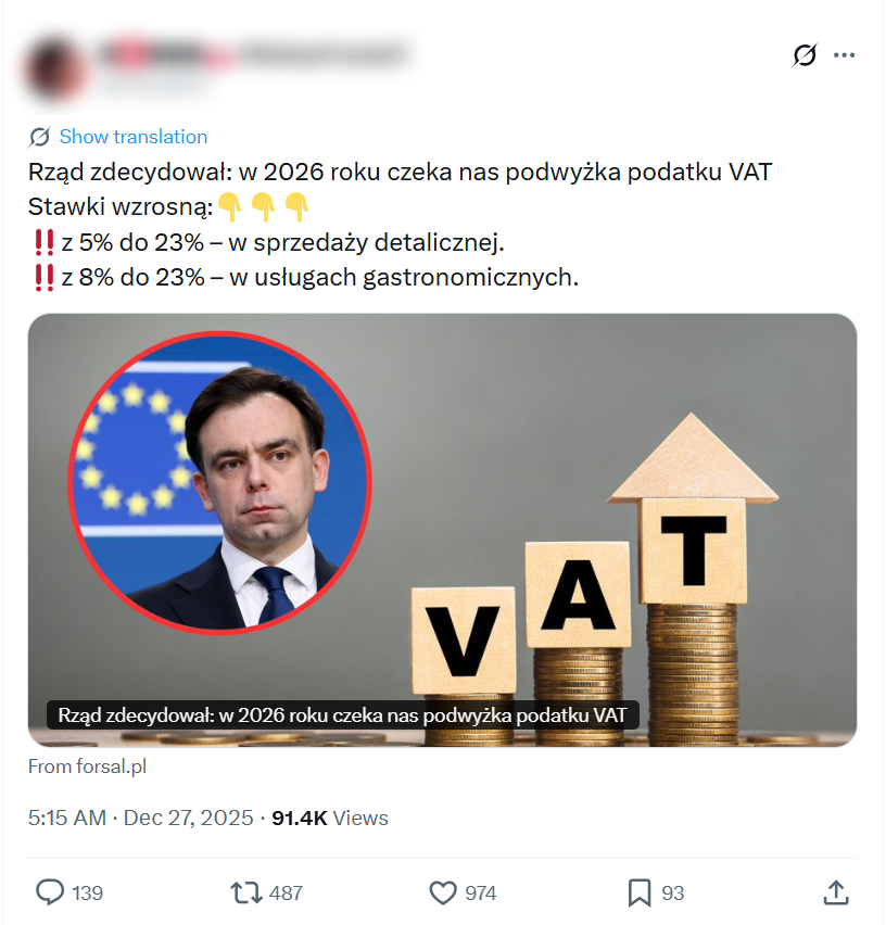 Wprowadzający w błąd post o planowanej podwyżce podatku VAT
