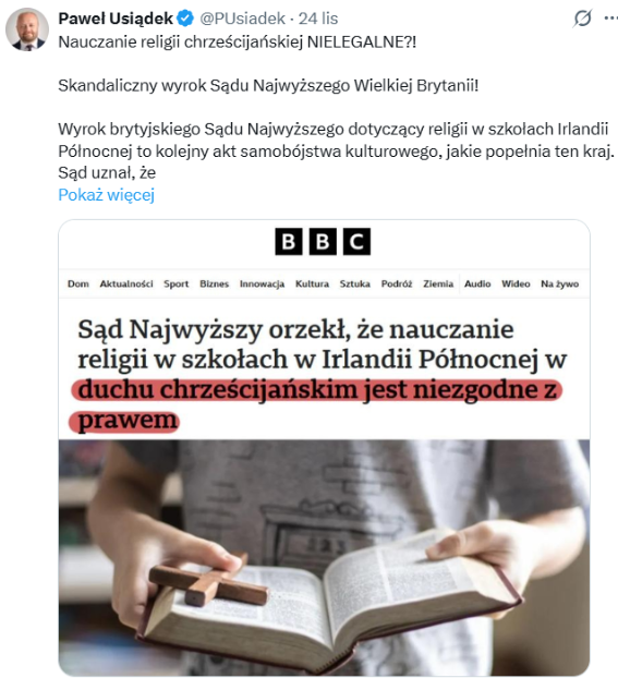 Wprowadzający w błąd post Pawła Usiądka 