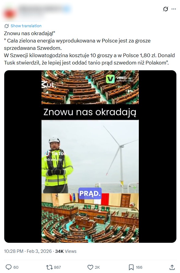 Wpis o rzekomej sprzedaży całej zielonej energii Szwedom wyświetlono niemal 35 tys. razy