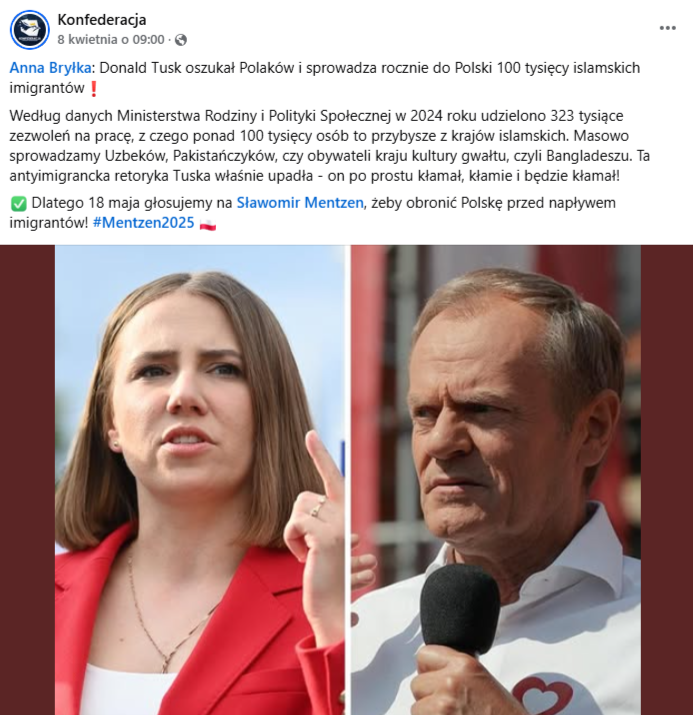 Wpis na facebookowym profilu Konfederacji z 8 kwietnia 2025 roku