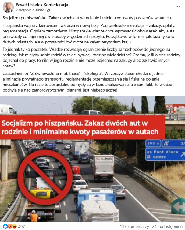 Facebookowy wpis polityka Konfederacji, w którym wprowadza w błąd 