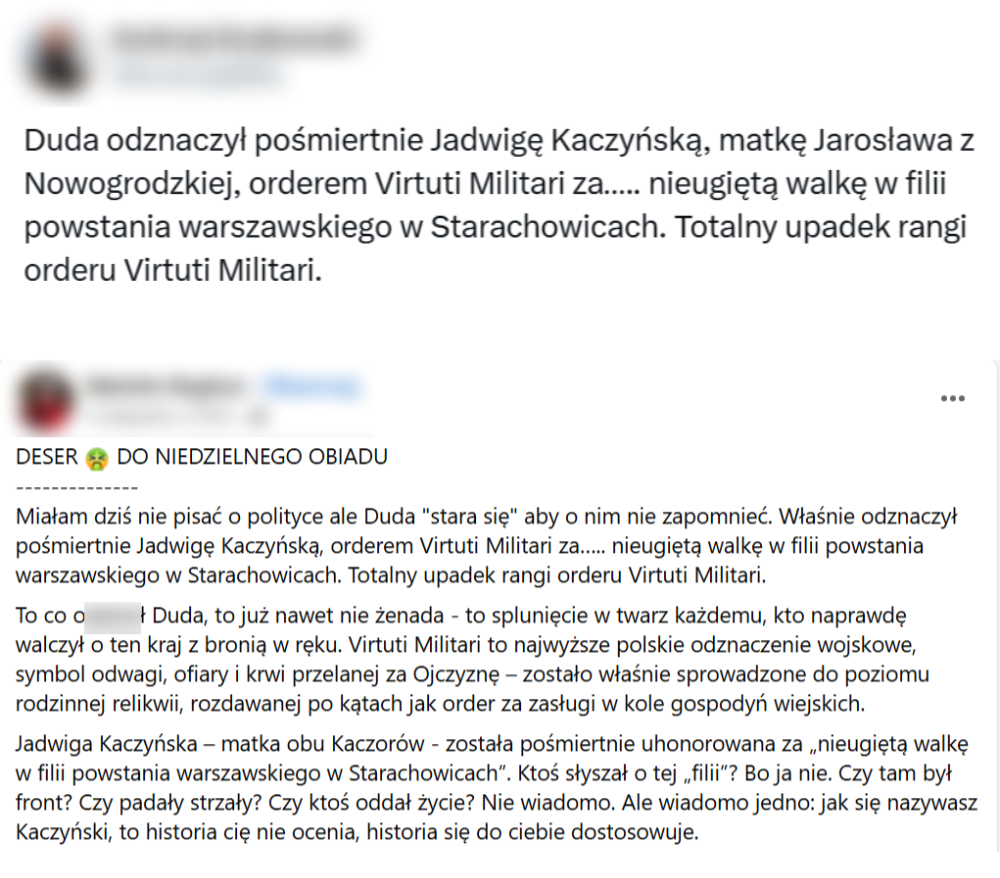 Wpisy z fałszywą informacją o orderze dla matki braci Kaczyńskich