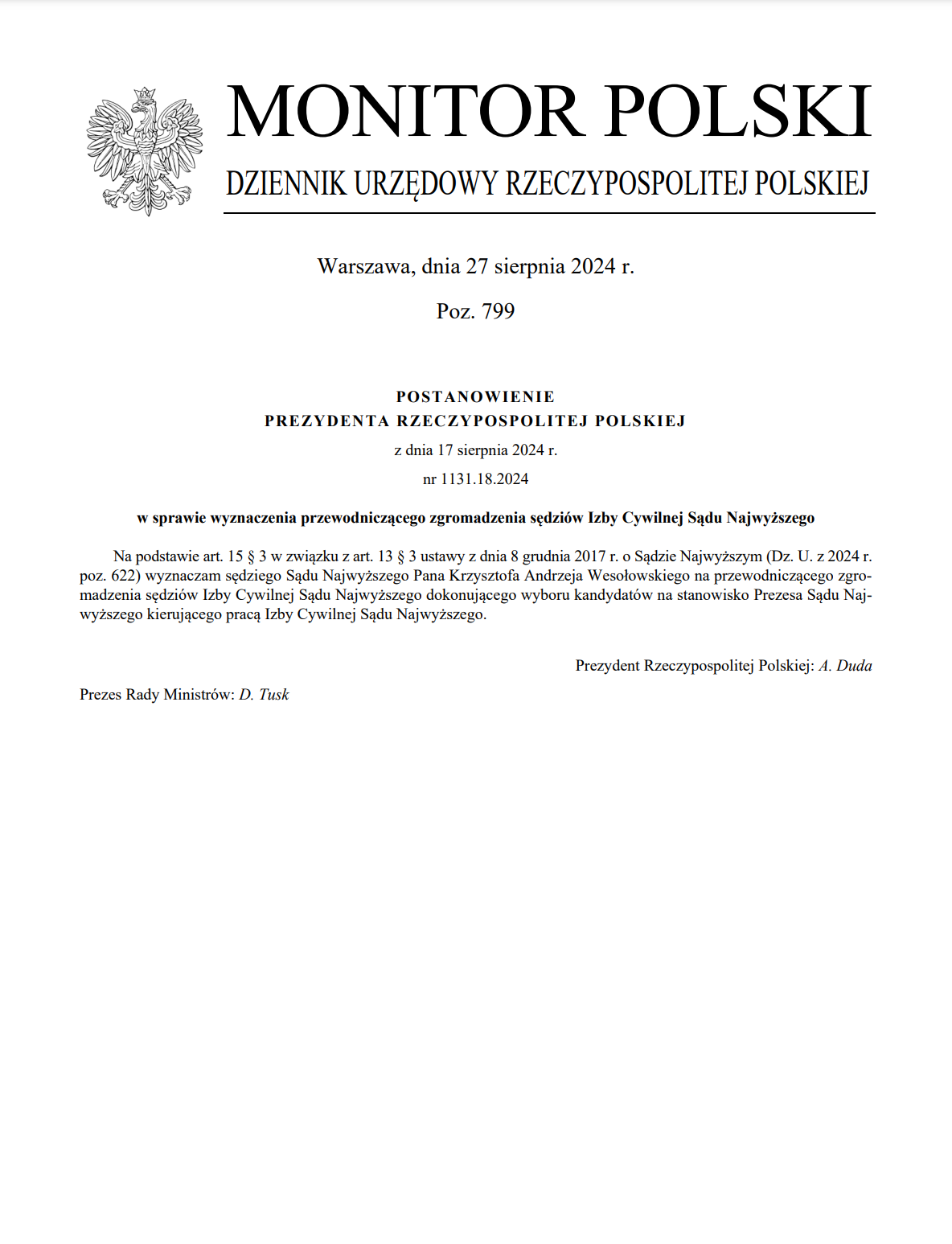 Dostępne w "Monitorze Polskim" postanowienie prezydenta z kontrasygnatą premiera