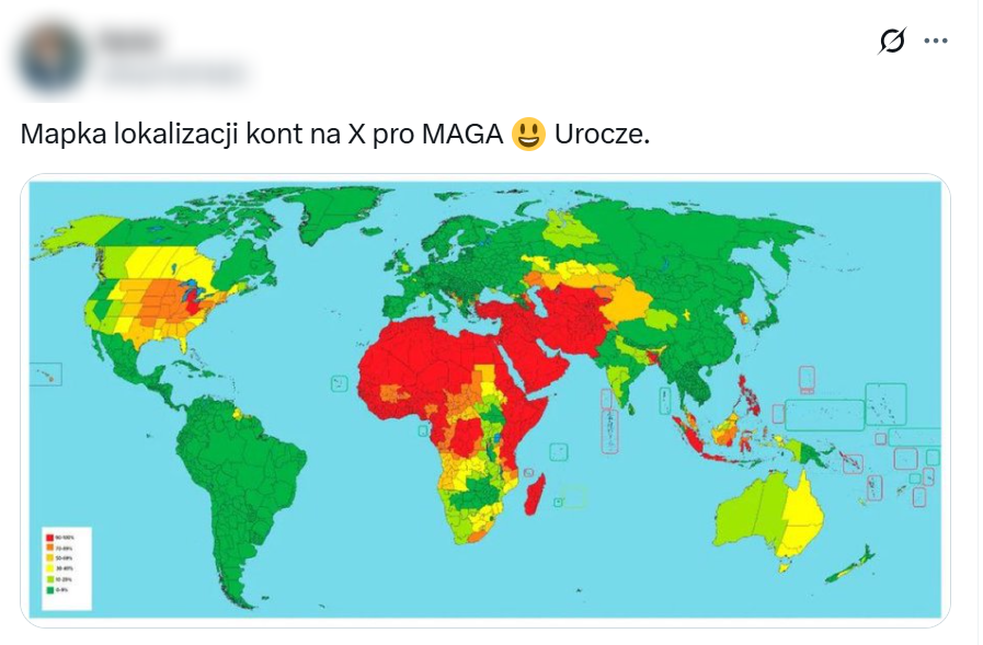 Polski wpis z rzekomą "mapką lokalizacji kont na X pro MAGA"