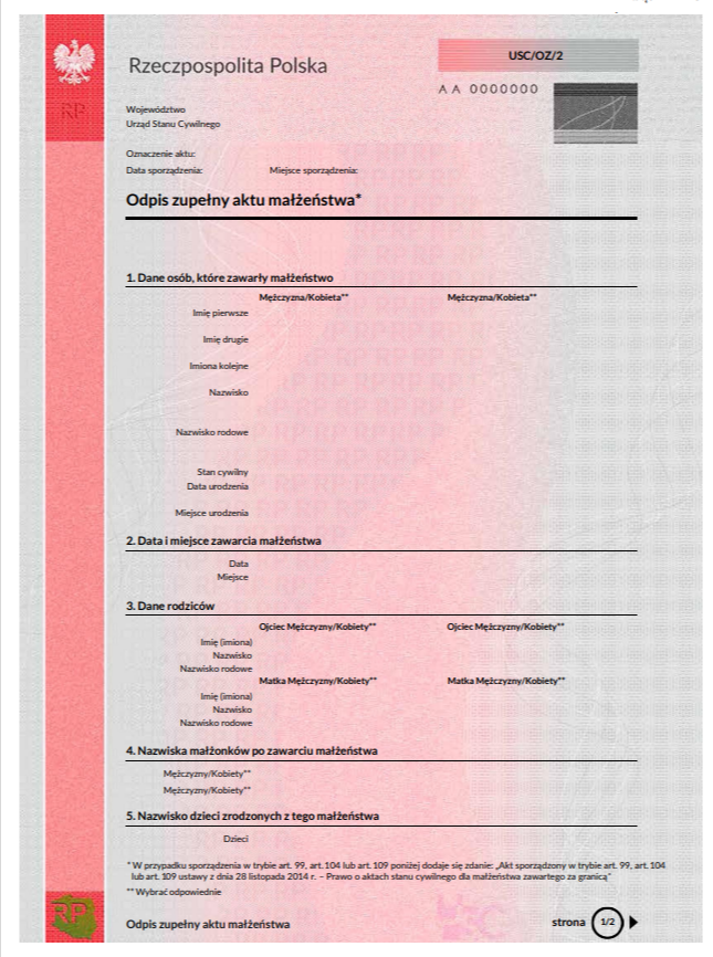 Fragment wzoru odpisu aktu małżeństwa, który jest załącznikiem do rozporządzenia