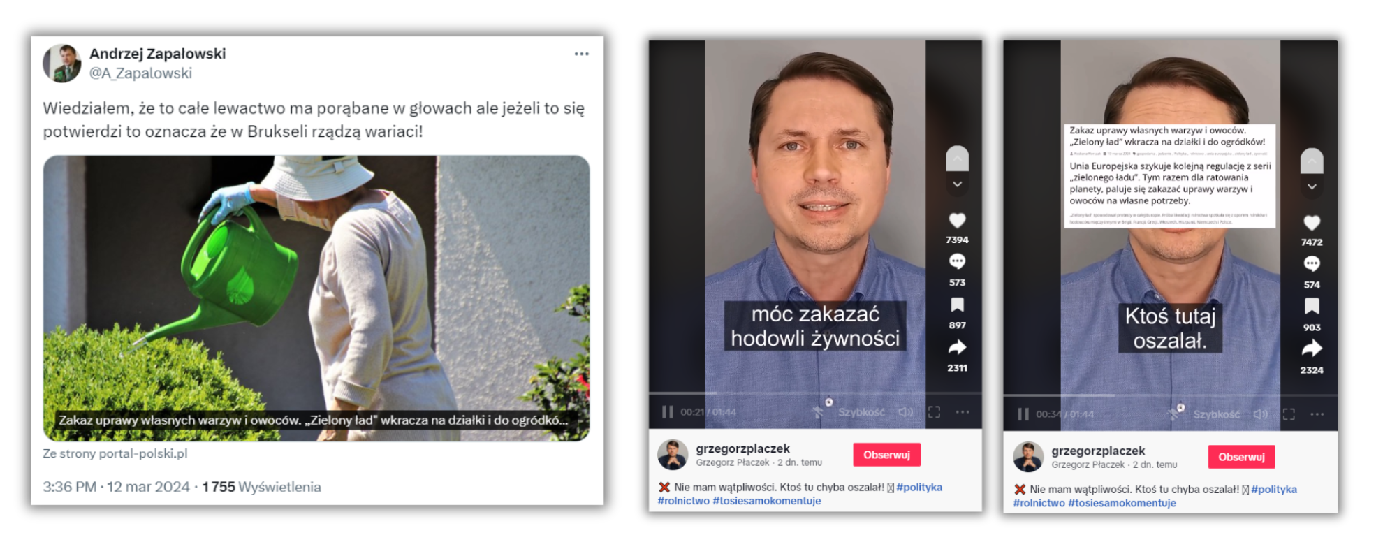 Publikacje w mediach społecznościowych posłów Konfederacji Andrzeja Zapałowskiego i Grzegorza Płaczka z 12 marca 2024 roku.