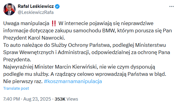 Rzecznik prezydenta prostuje, że to nie jego kancelaria kupiła samochód