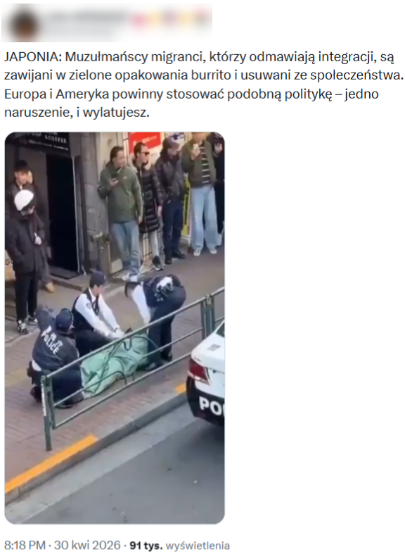 Wprowadzający w błąd post o "zawijaniu" muzułmańskich migrantów w Japonii wyświetlono ponad 90 tys. razy