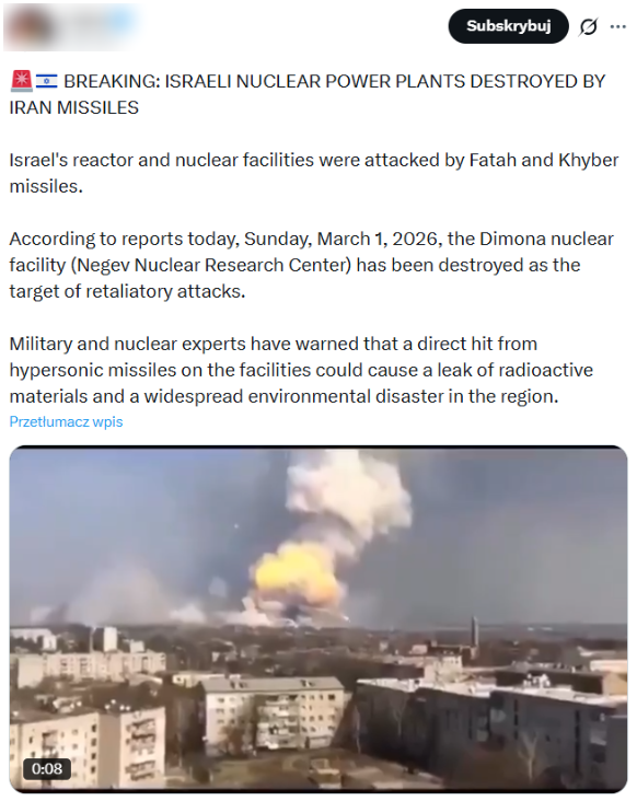 Doniesienia o ataku Iranu na izraelskie Centrum Badań Jądrowych Negew wygenerowały 1,6 mln wyświetleń