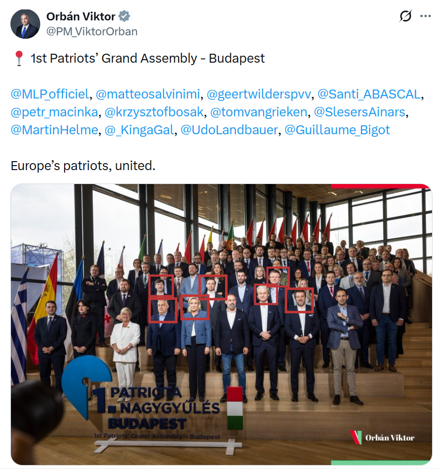 Na fotografii wicemarszałek polskiego Sejmu Krzysztof Bosak stoi wraz z Viktorem Orbanem, Marine Le Pen, Matteo Salvinim, Geertem Wildersem, Martinem Helme czy Ainarsem Slesersem