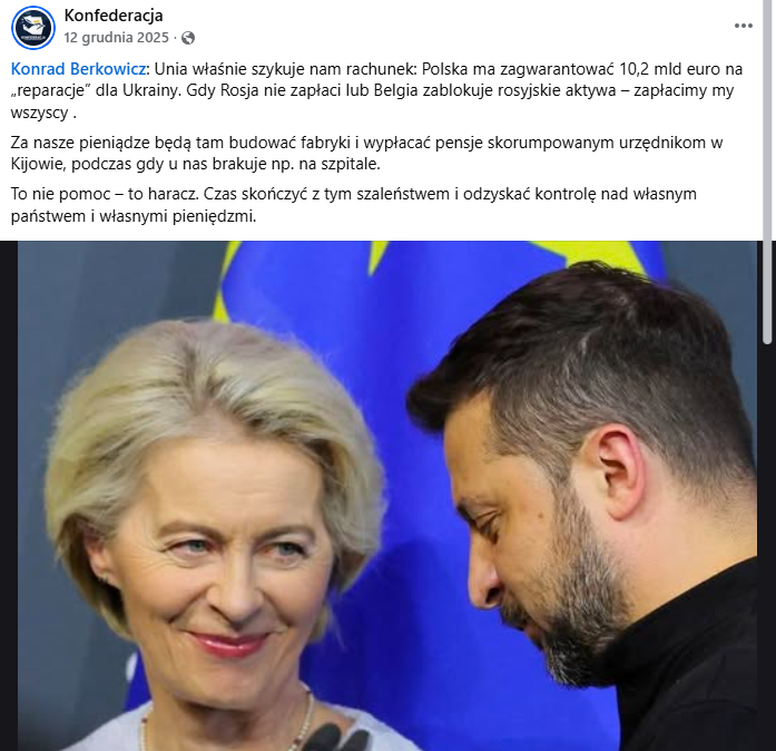 Narrację o płaceniu przez Polskę "reparacji" dla Ukrainy już w grudniu 2025 roku wprowadziła do dyskusji publicznej Konfederacja