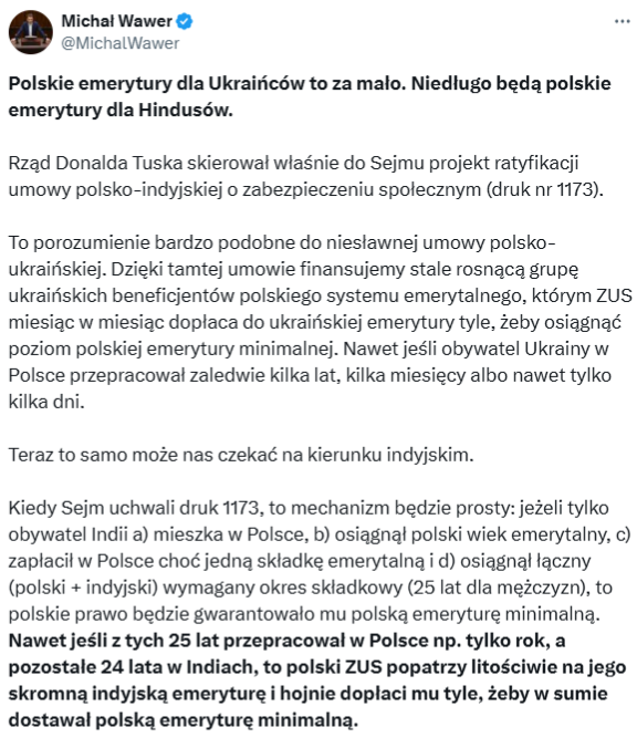 Poseł Michał Wawer o "polskich emeryturach dla Hindusów"  