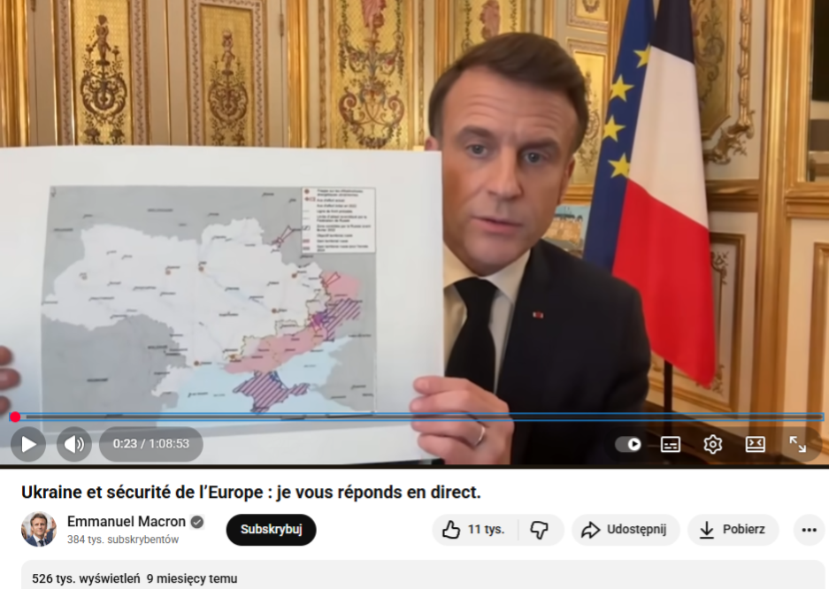 Oryginalna wersja nagrania opublikowana na kanale YouTube Emmanuela Macrona  20 lutego 2025 roku 