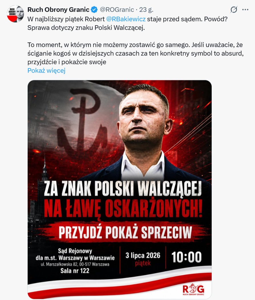W narracji ROG Bąkiewicz miał trafić na ławę oskarżonych "za znak Polski Walczącej"