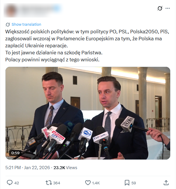 Fałszywa narracja o rzekomych reparacjach, które Polska ma płacić Ukrainie