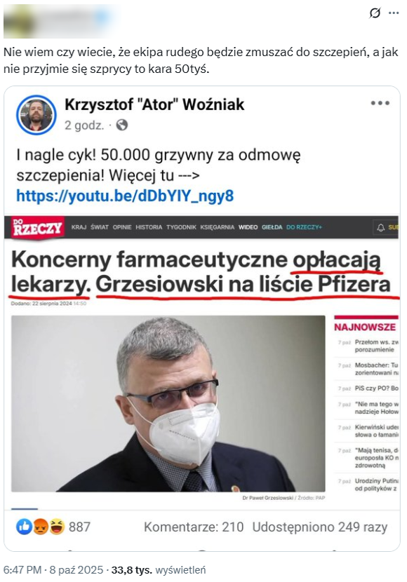 Wprowadzający w błąd post powstał na bazie innego wpisu z fałszywą treścią