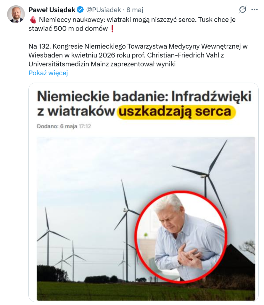 W Polsce treści podważające sens wiatraków publikują m.in. prawicowi politycy