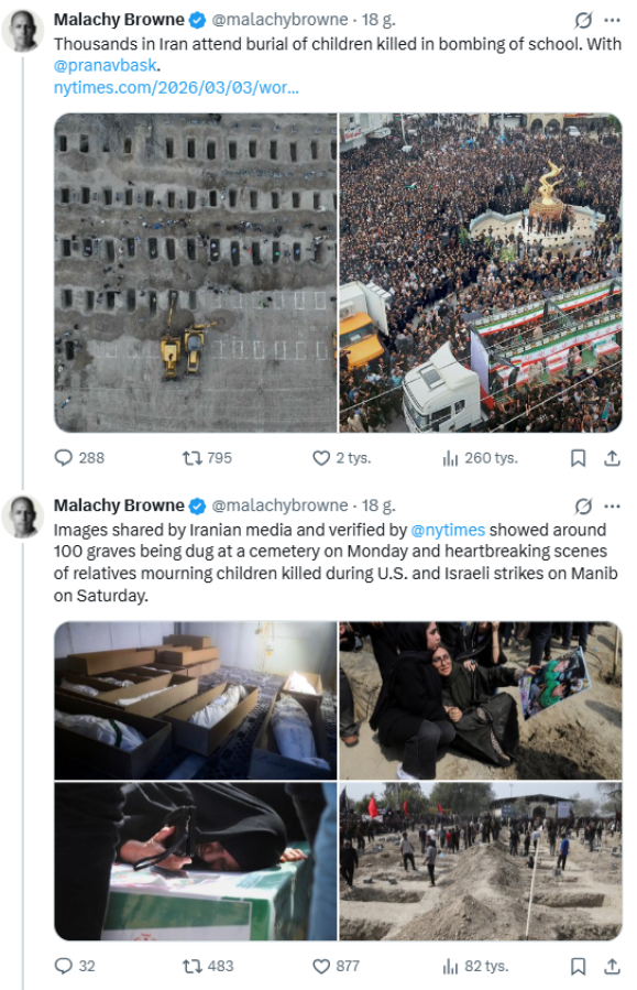 Malachy Browne z zespołu śledczego "The New York Times": weryfikacja potwierdziła, że zdjęcie przedstawia około 100 grobów, które kopano na cmentarzu 2 marca 2026 dla ofiar ataku w Manib