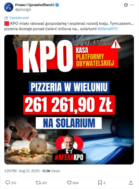 Wpis PiS o lokalu gastronomicznym, który miał dostać ponad 260 tys. złotych na budowę solarium