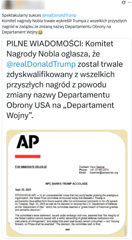 Post opublikowany 27 września 2025 roku w serwisie X