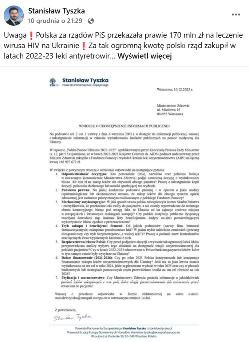 Fałszywy przekaz o wydatkach NFZ wziął się z błędnej interpretacji pisma europosła Tyszki