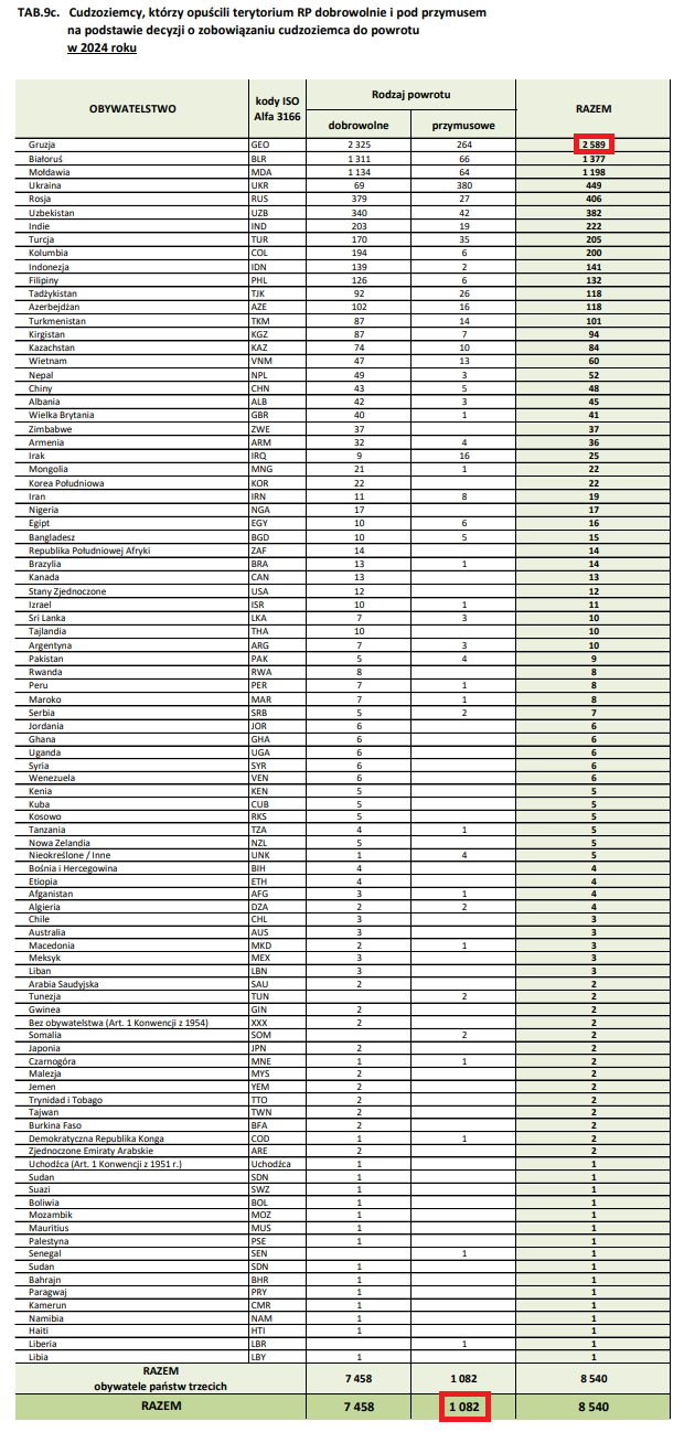 Dane Straży Granicznej za 2024 rok: cudzoziemcy, którzy opuścili terytorium RP dobrowolnie i pod przymusem