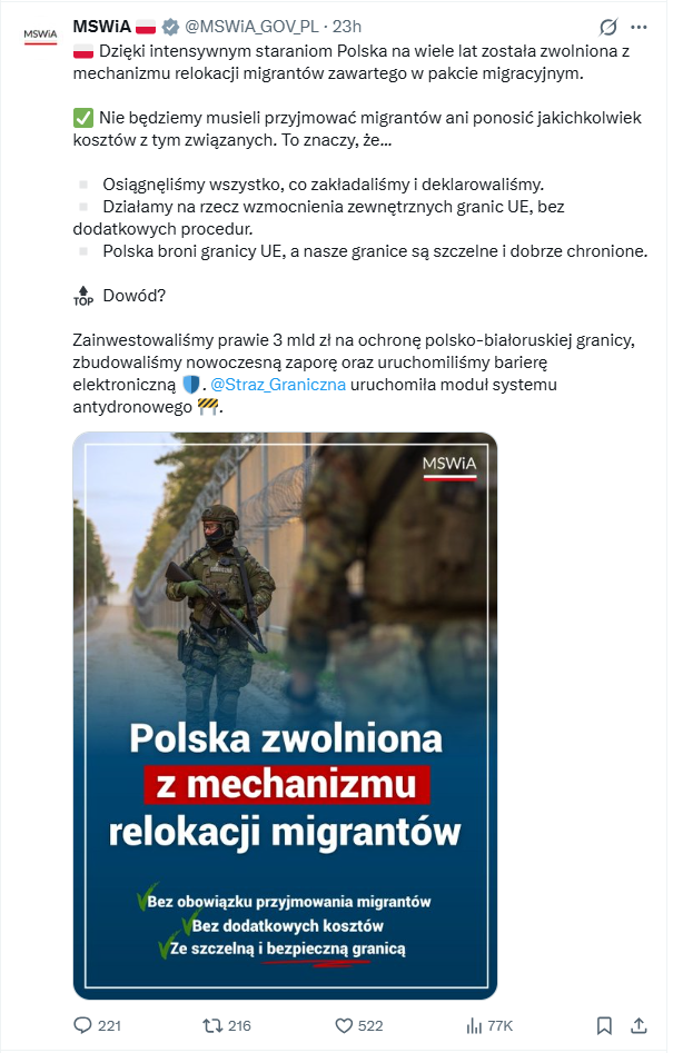 Resort błędnie przekonuje, że Polska jest "na wiele lat" zwolniona z mechanizmu relokacji migrantów