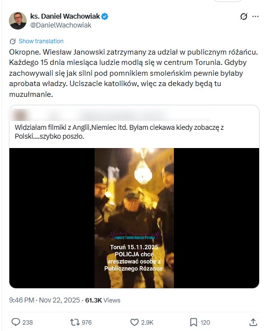 Nagranie z rzekomego zatrzymania "za udział w publicznym różańcu"