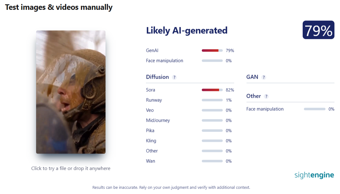 Wynik analizy w narzędziu Sightengine