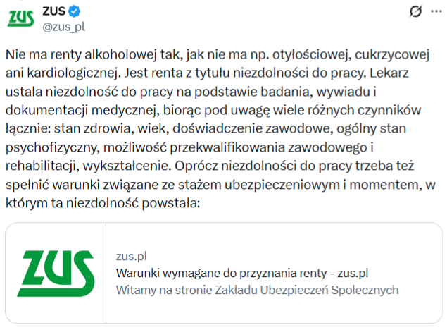 Odpowiedź ZUS na fałszywy przekaz o "rencie alkoholowej" 