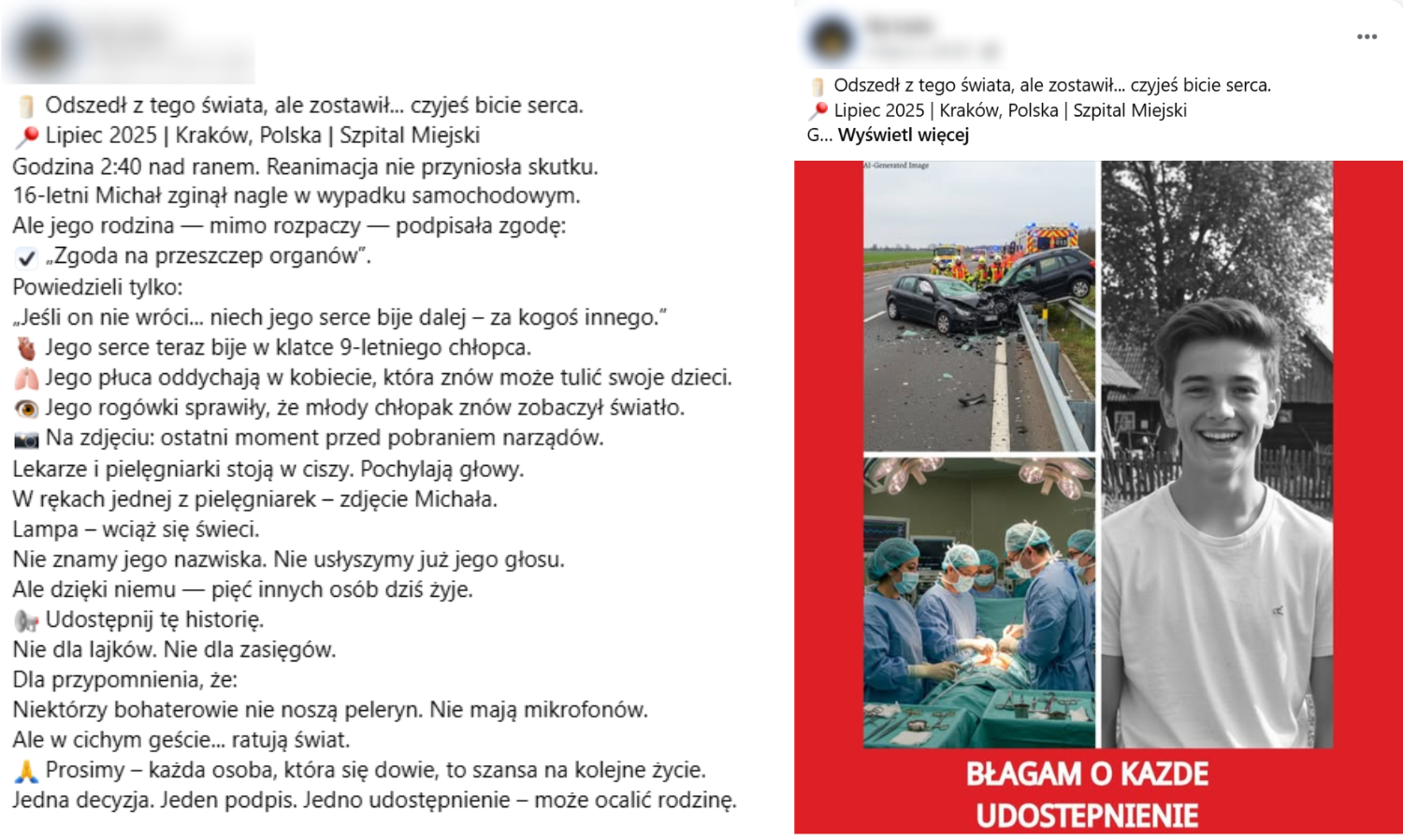 Wpis z fałszywą historią nastolatka i fałszywym zdjęciem ofiary