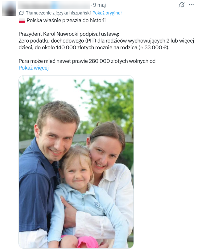 Tysiące wyświetleń generuje przekaz o uldze podatkowej dla rodziców podpisanej rzekomo przez polskiego prezydenta 