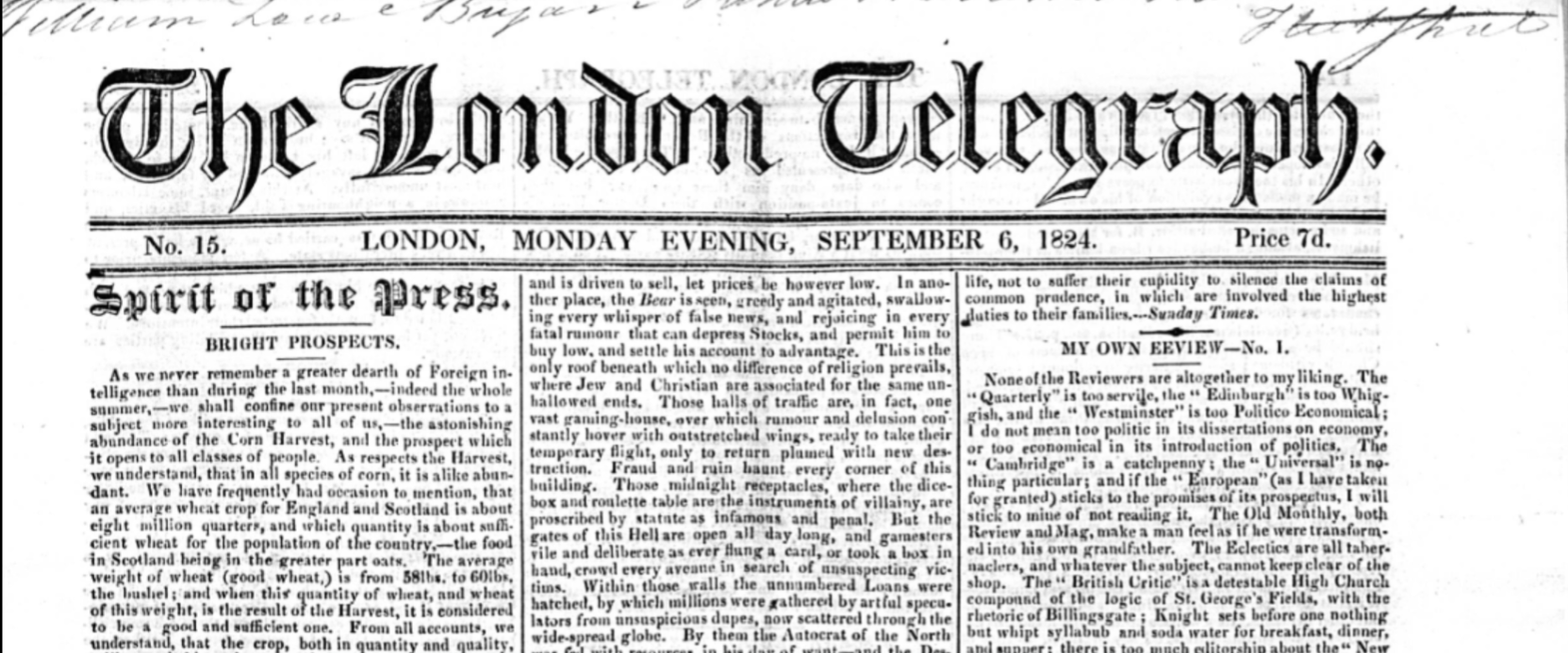Tygodnik "The London Telegraph" był wydawany krótko na początku XIX wieku 