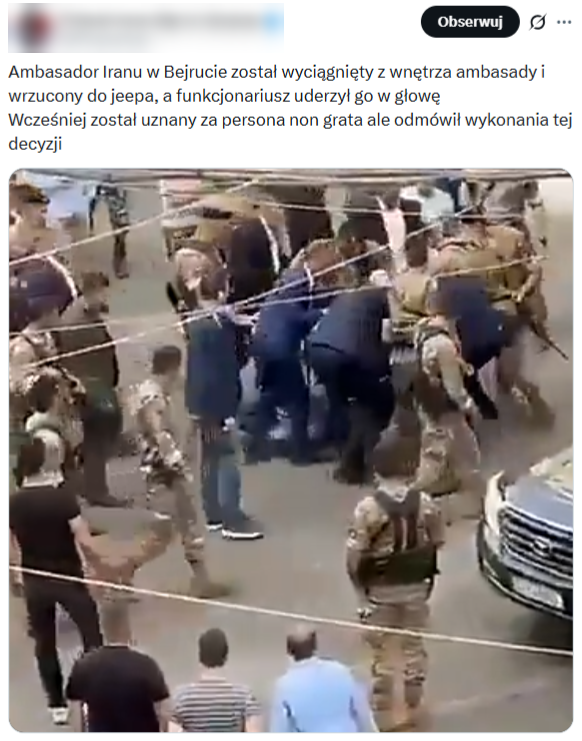 Fejkowy przekaz o siłowym wyprowadzeniu szefa ambasady Iranu w Bejrucie wyświetlono niemal 40 tys. razy