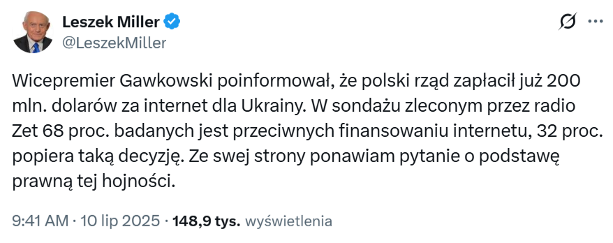 Wprowadzający w błąd post Leszka Milera opublikowany 10 lipca 2025 roku