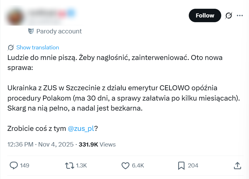 Ponad 330 tys. razy wyświetlono post o rzekomej ukraińskiej pracownicy ZUS, która utrudniała Polakom załatwianie ich spraw