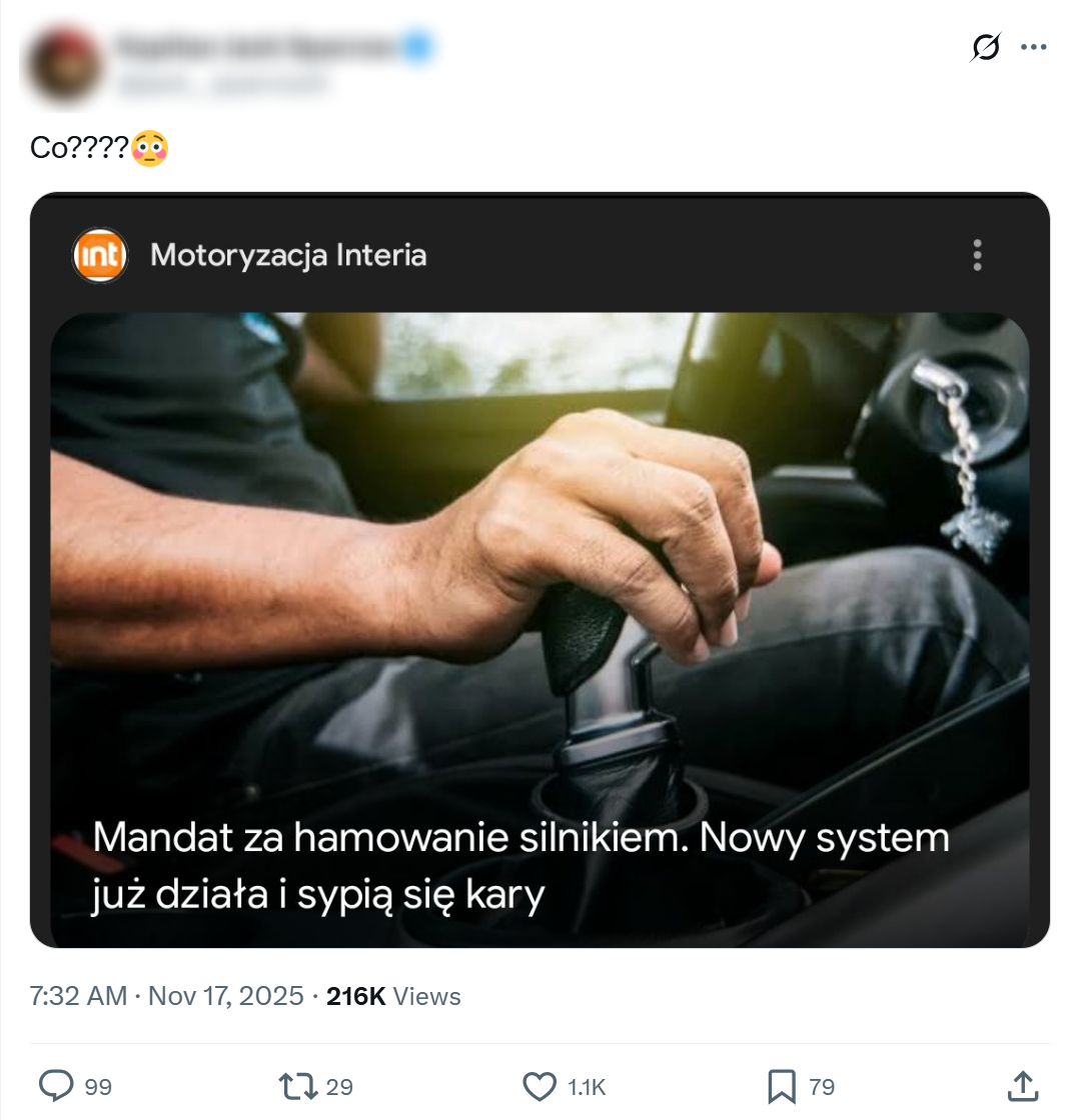 Wpis o rzekomych mandatach za hamowanie silnikiem wyświetlono ponad 200 tys. razy